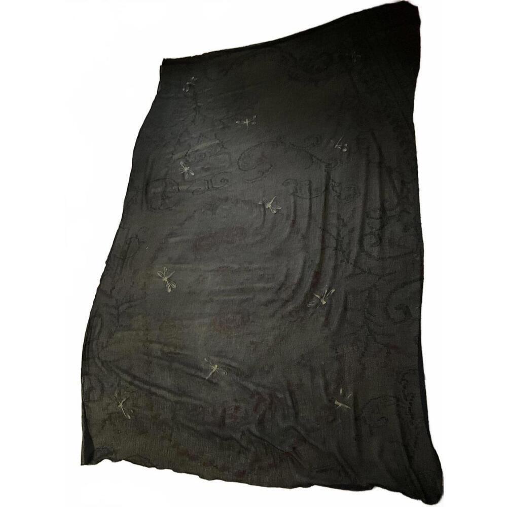 Black Sheer Scarf with Delicate Dragonfly Print Over Sized Light Weight